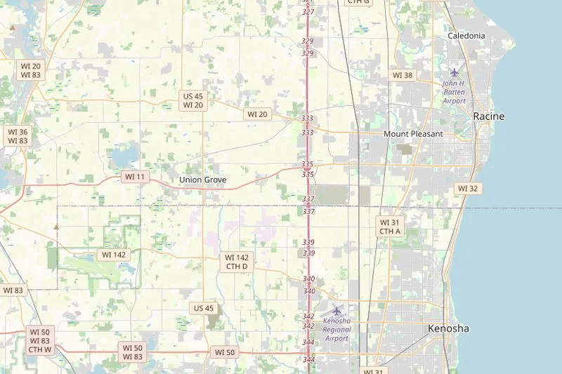 Map of Kenosha County traffic corridors including Kenosha, Pleasant Prairie, I-94, Highway 50, and Highway 31
