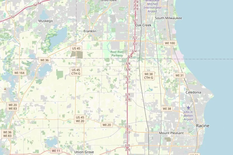 Map of Racine County traffic corridors including Racine, Mount Pleasant, I-94, Highway 20, Highway 11, and Highway 32