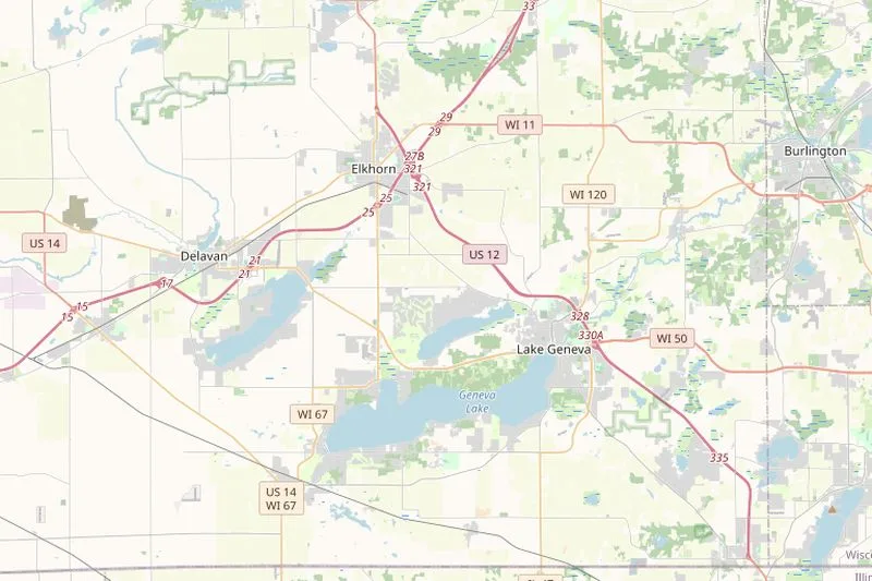 Map of Walworth County traffic corridors including Lake Geneva, Delavan, Elkhorn, I-43, US-12, and Highway 50